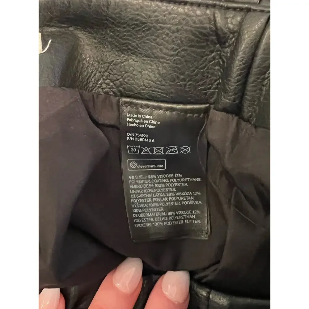 H&M Size US 6 Black Faux Leather Floral Embroidered Mini Raw Hem Biker Skirt - Picture 4 of 6